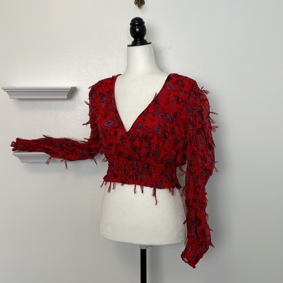 Zara Red Cropped Top V Neck Ling Sleeves Size XL - Picture 5 of 11